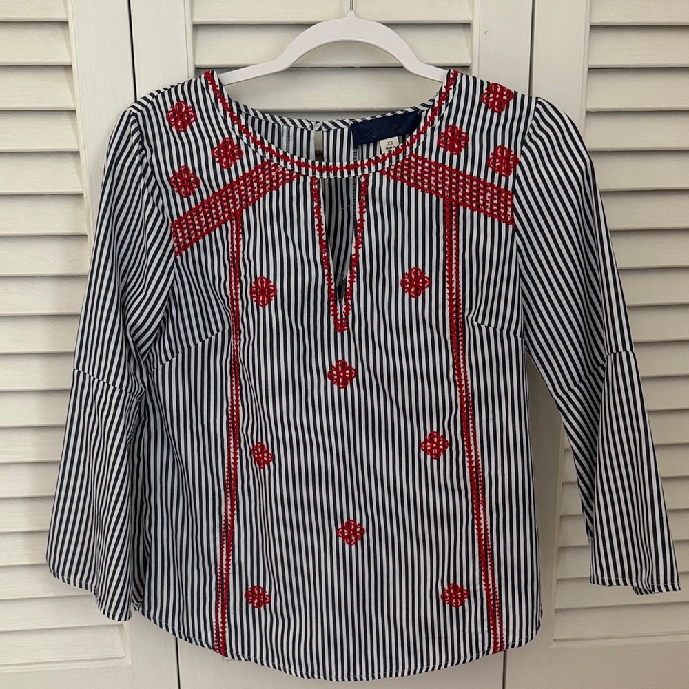 Blue Striped Blouse with Red Embroidery; Size XS